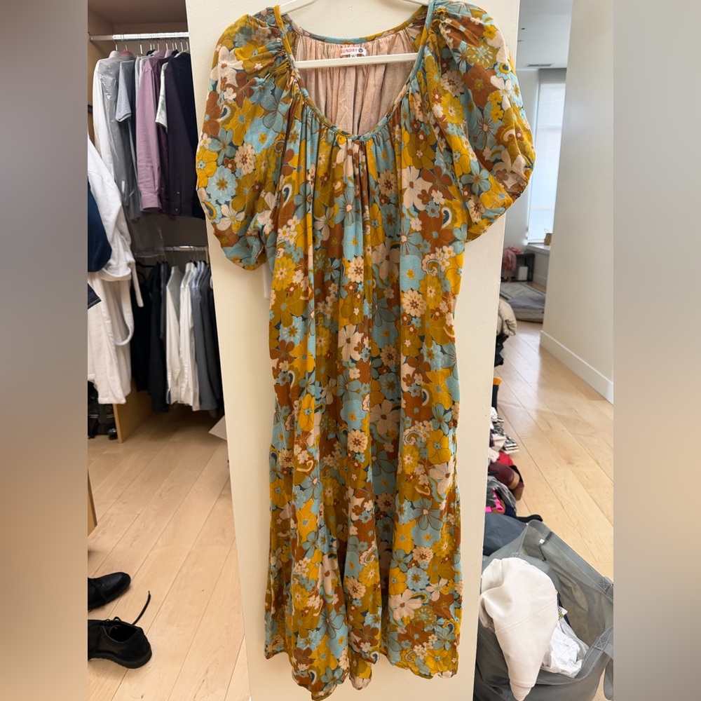 Sundry Vintage Inspired Floral Midi Dress in Mustard and Sky Blue